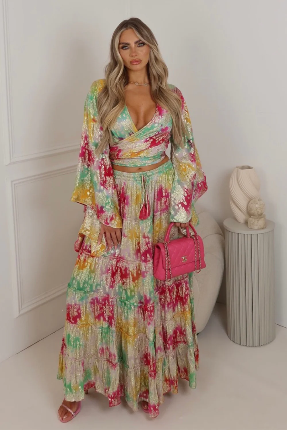 Tilly multi colour tie dye flared sleeve boho top & maxi skirt co ord - Image 2