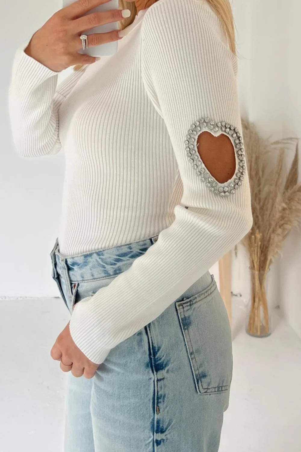 Tilly white heart diamante Sleeve Jumper