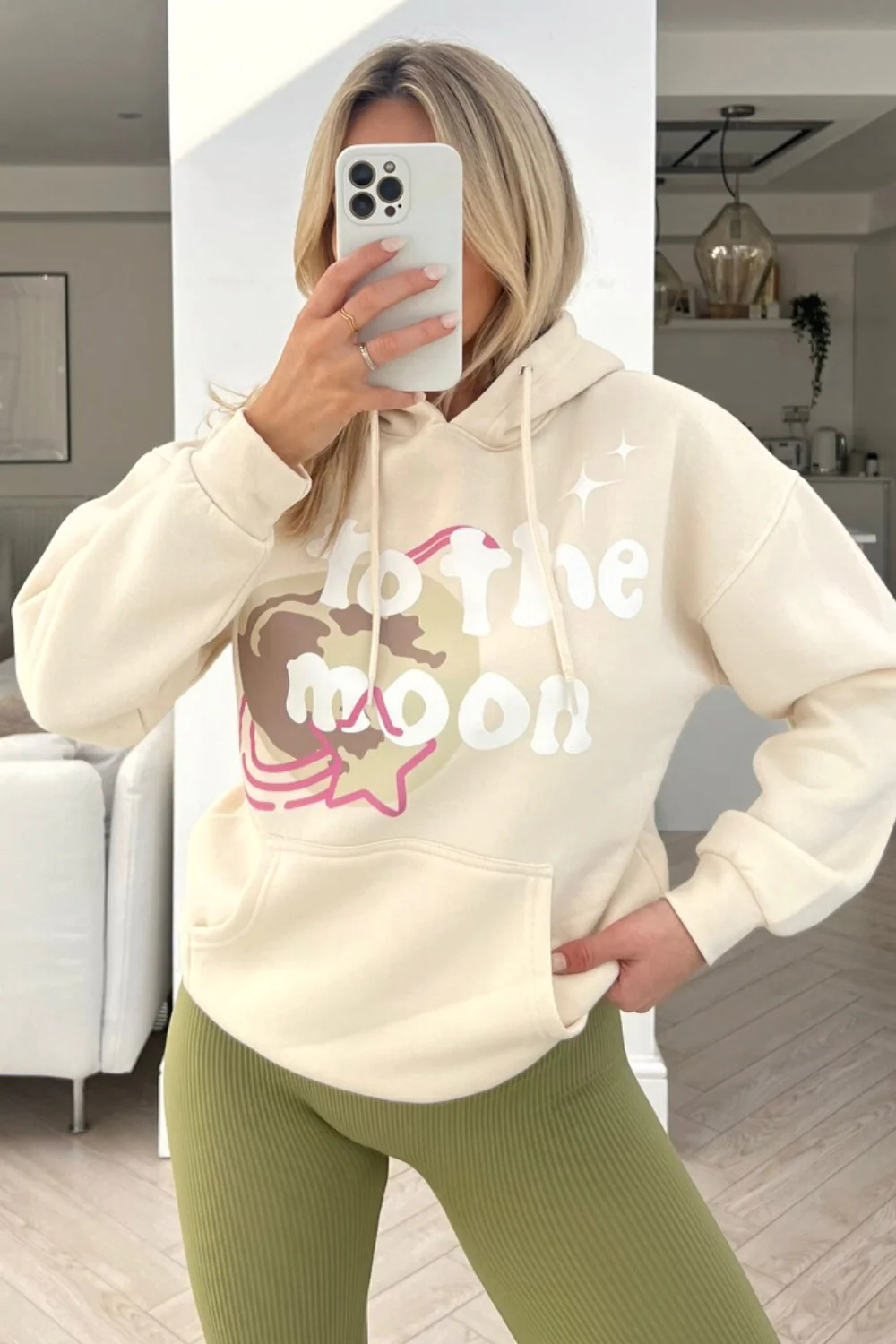 To the moon ecru printed drawstring hoodie