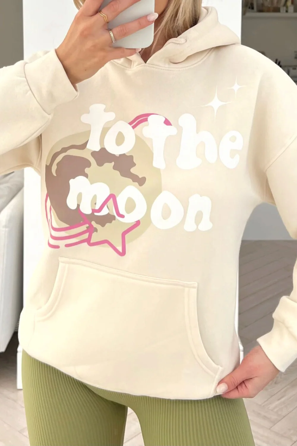 To the moon ecru printed drawstring hoodie - Image 2