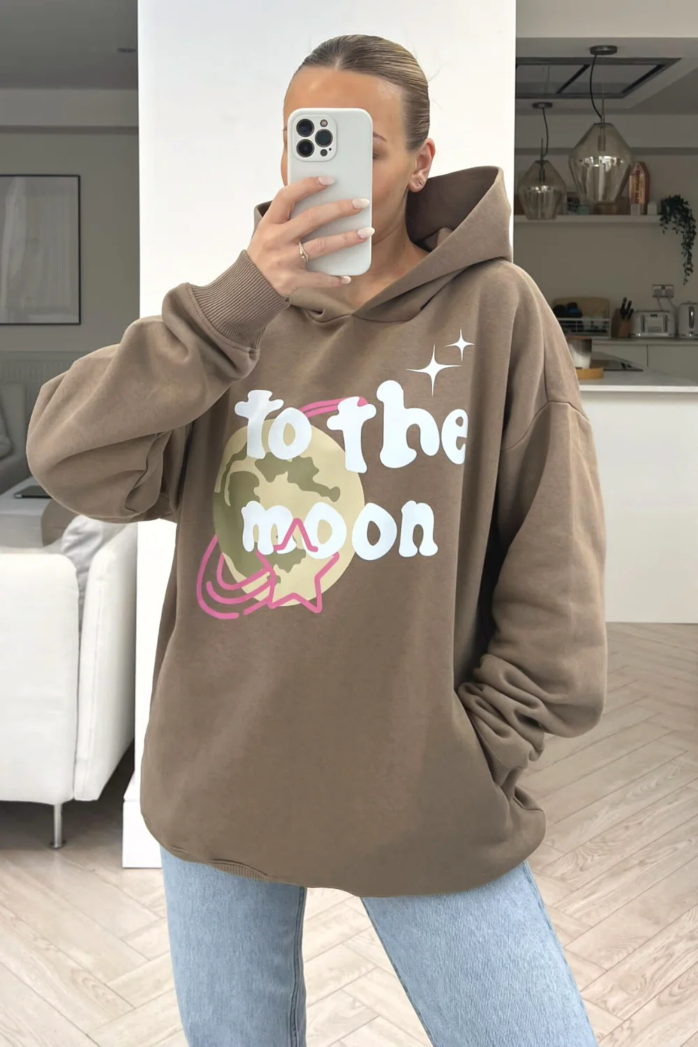 To the moon premium beige printed hoodie