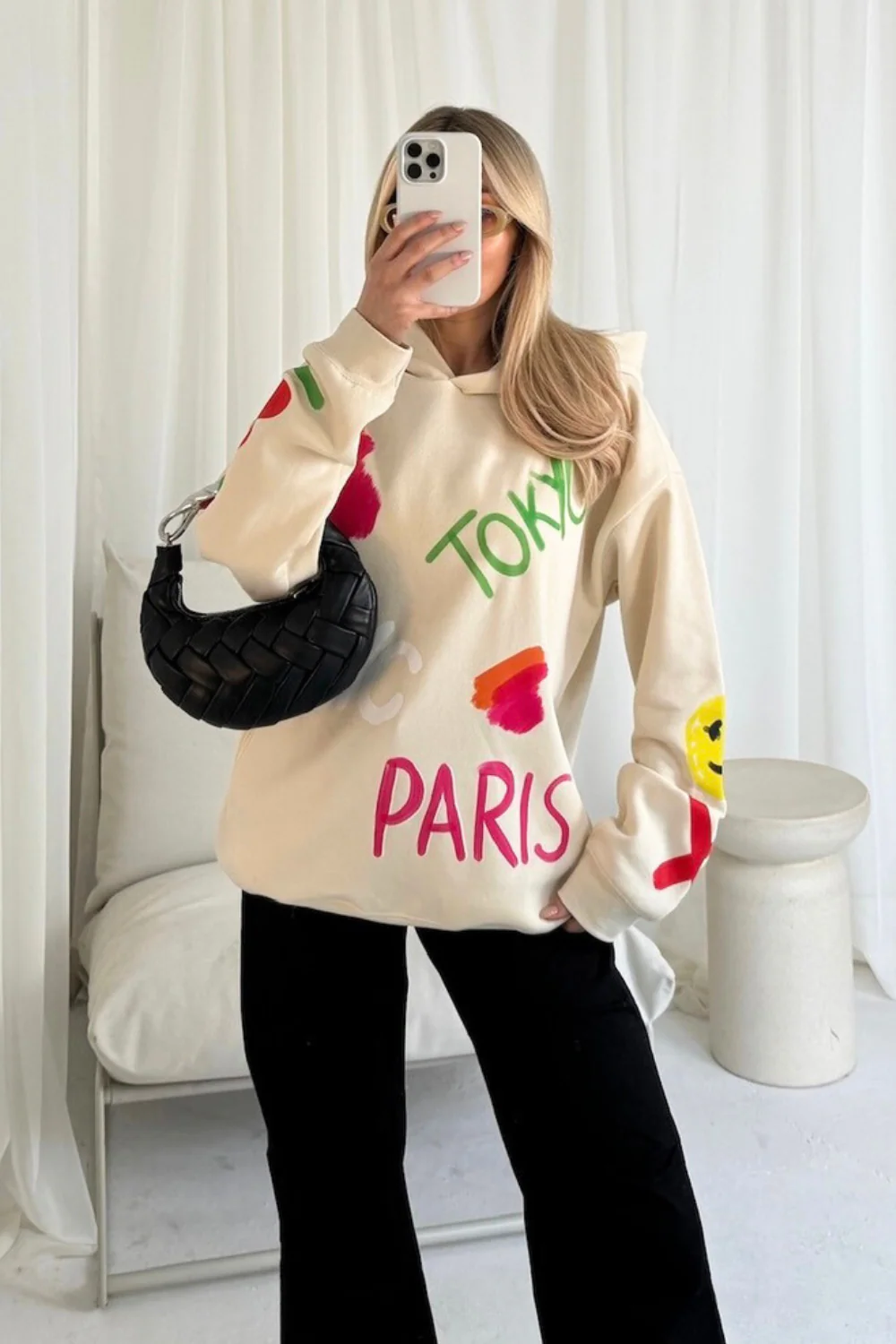 Tokyo ecru printed premium relaxed hoodie