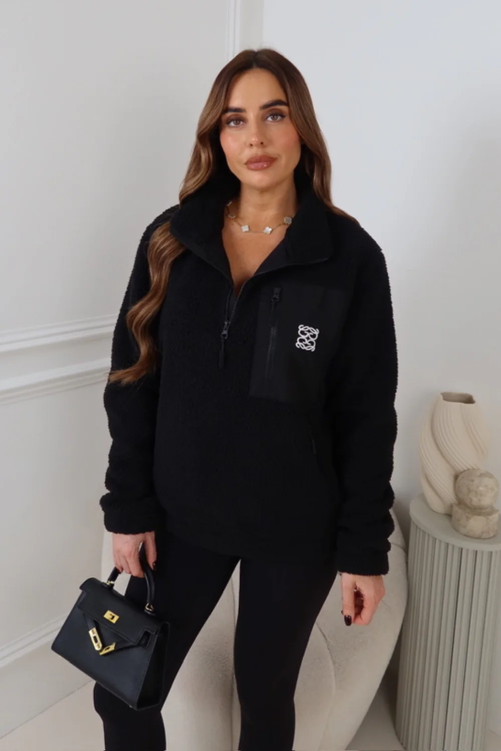 TYLER GLAMIFY EMBROIDERED BLACK 3/4 ZIP TEDDY FLEECE
