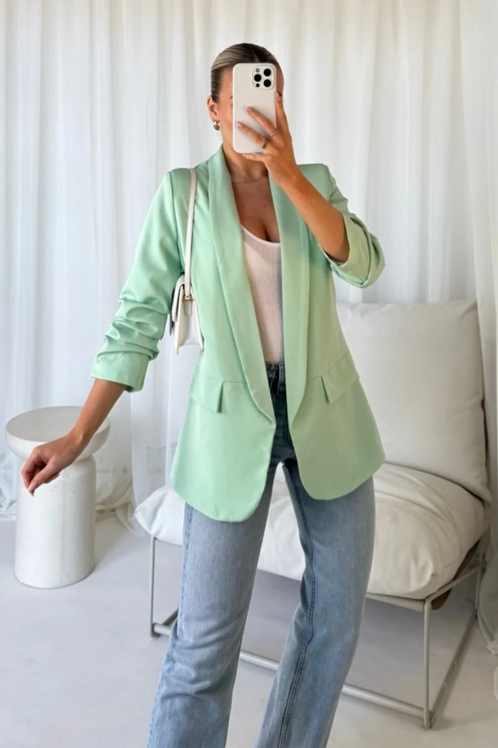Valencia pistachio ruched sleeve blazer - Image 2