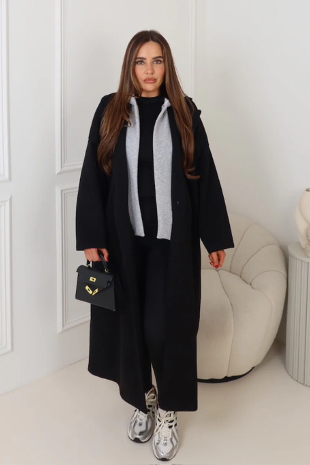 Vanessa black hooded long knitted trench coat - Image 2
