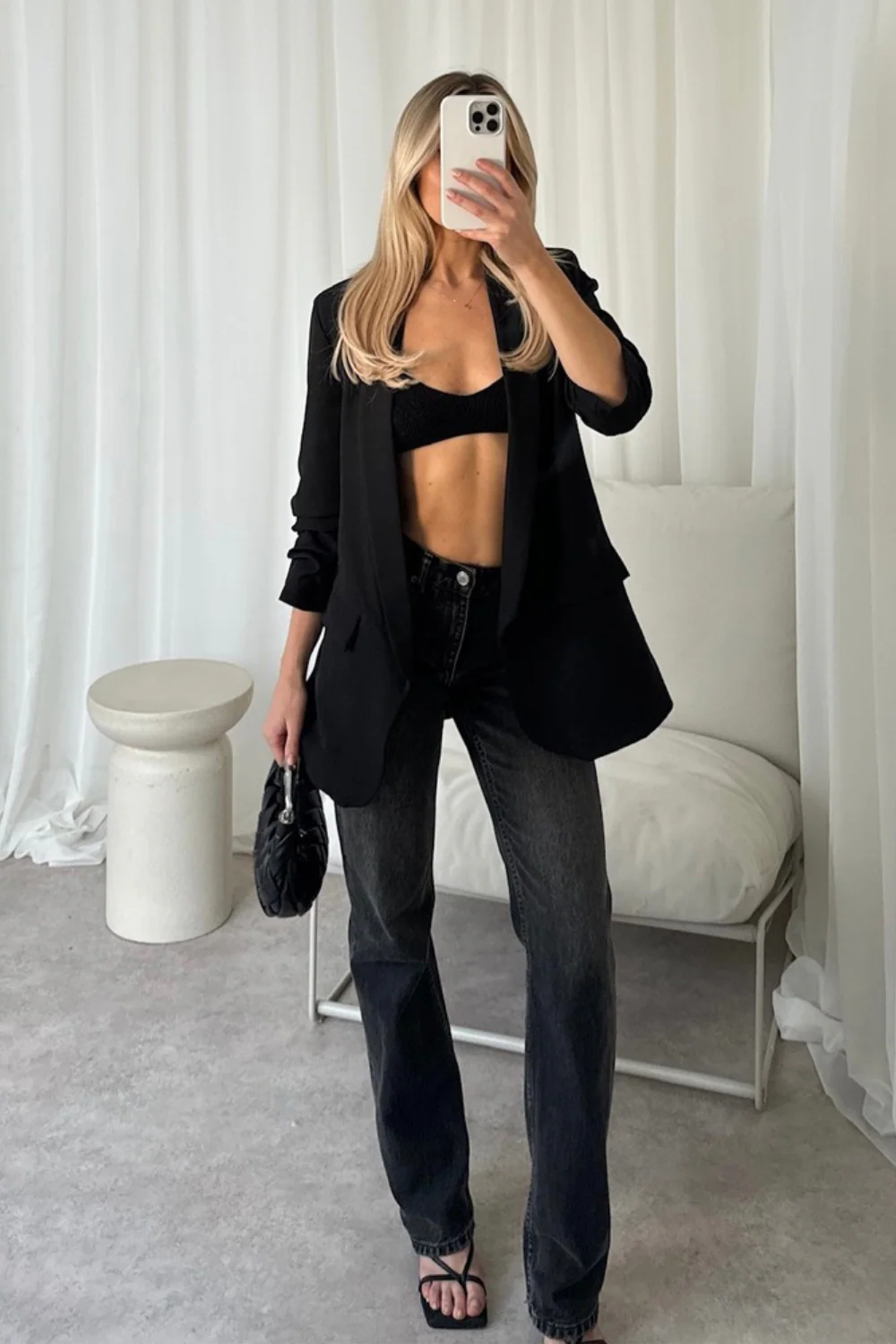 Valencia black ruched sleeve blazer