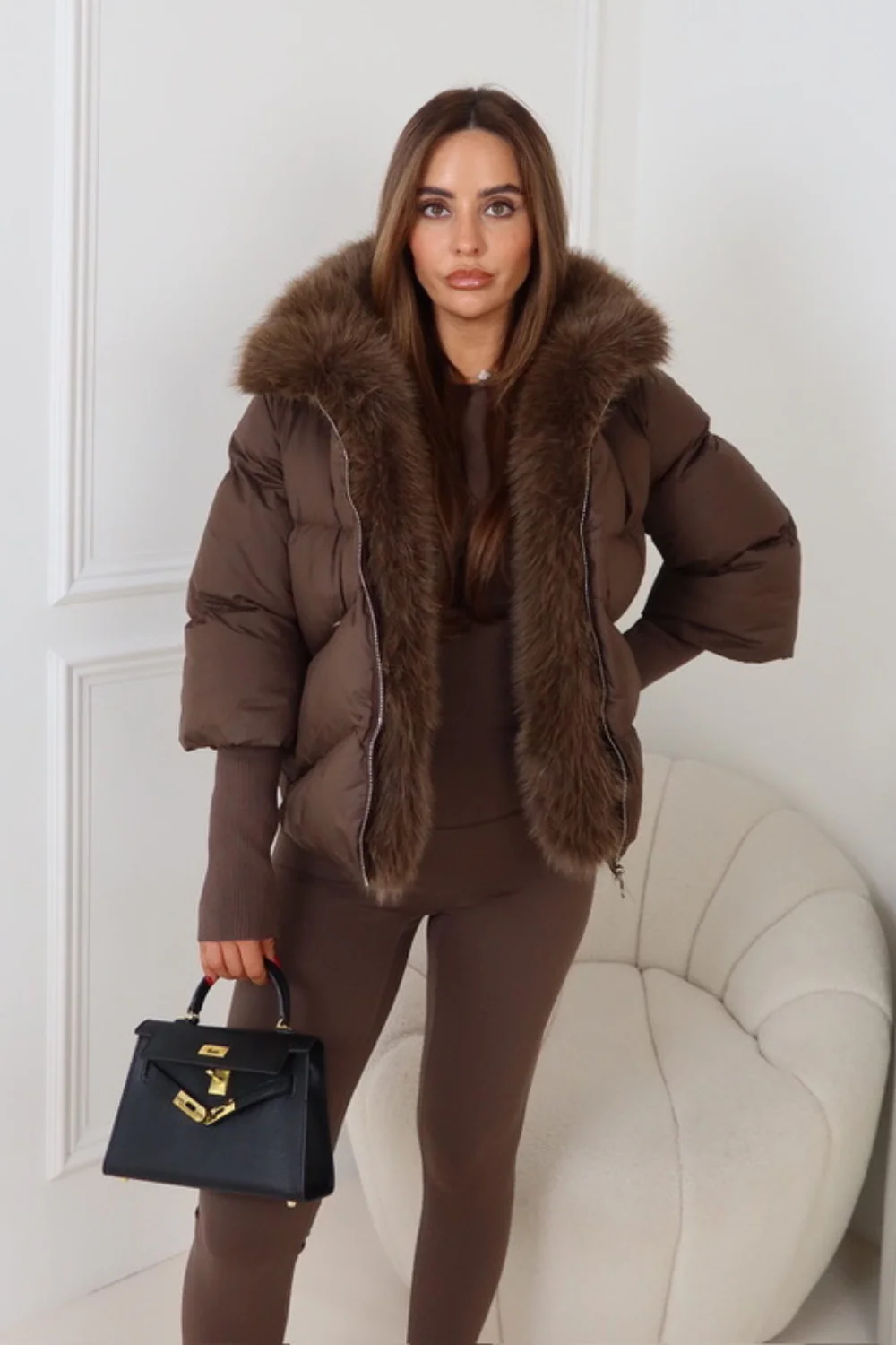 Verity brown hooded puffer coat with faux fur trim - Image 2