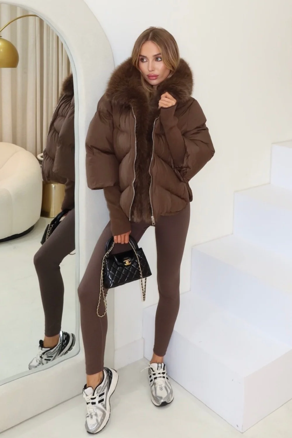 Verity brown hooded puffer coat with faux fur trim - Image 3