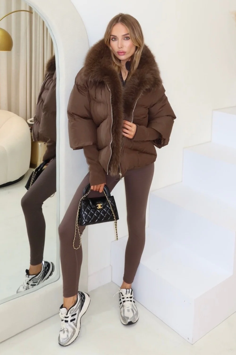 Verity brown hooded puffer coat with faux fur trim - Image 4
