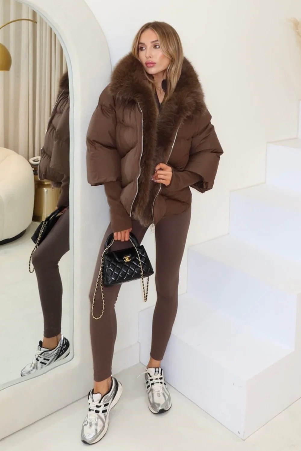Verity brown hooded puffer coat with faux fur trim - Image 5