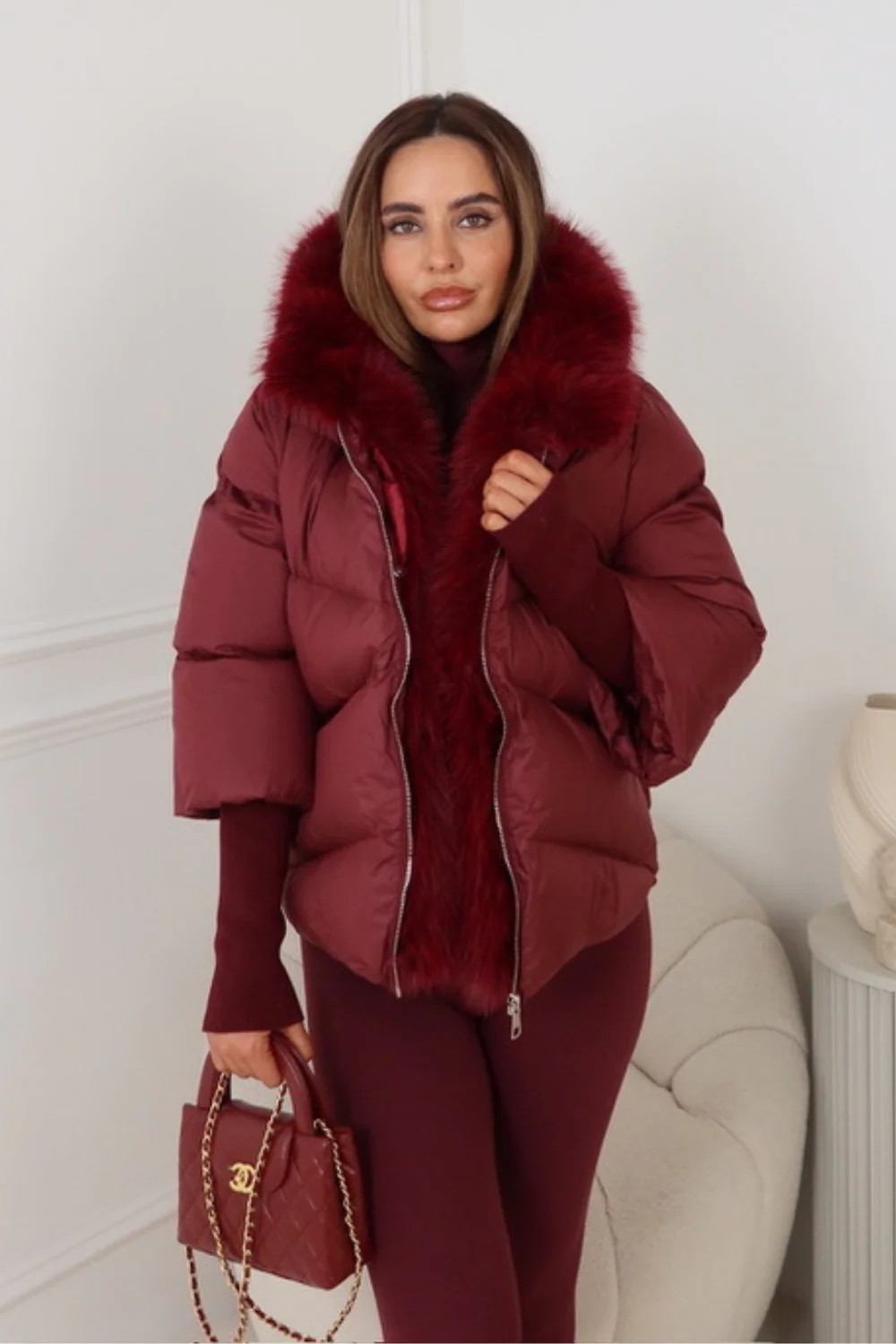 Verity burgundy hooded puffer coat with faux fur trim - Image 2