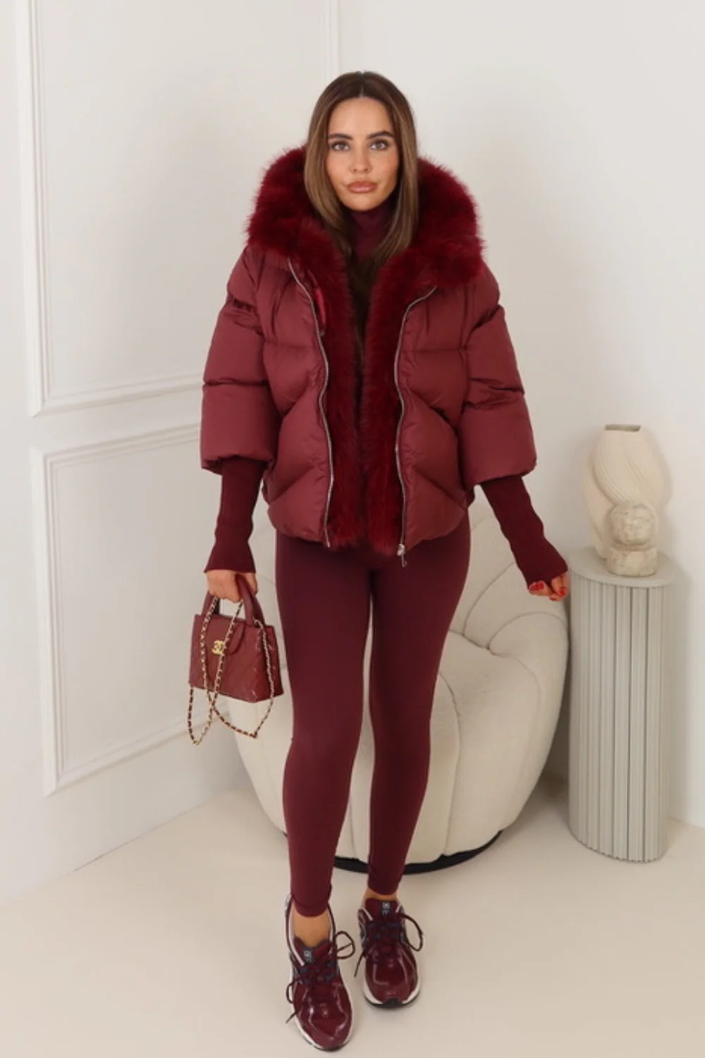 Verity burgundy hooded puffer coat with faux fur trim - Image 3