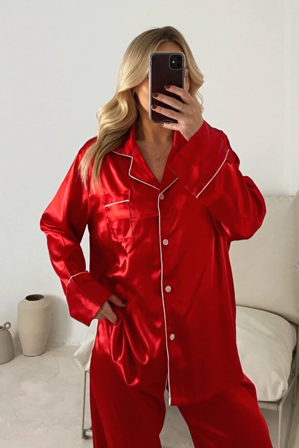 Verity red satin button up pyjamas - Image 4