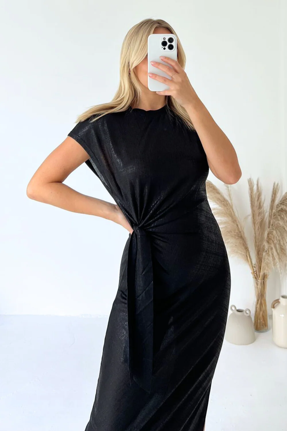 Vivian black metallic side tie midi dress - Image 3