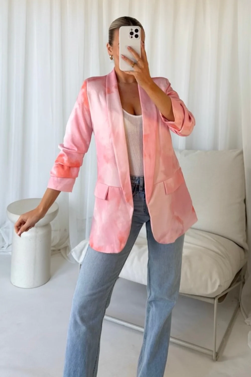 Vivienne pink tie dye ruched sleeve blazer