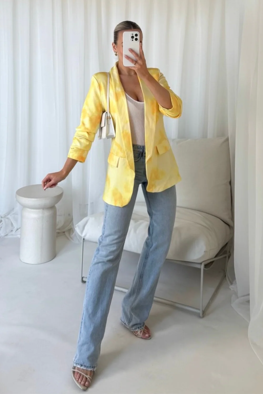 Vivienne yellow tie dye ruched sleeve blazer - Image 2