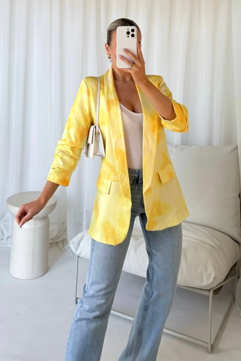 Vivienne yellow tie dye ruched sleeve blazer - Image 3
