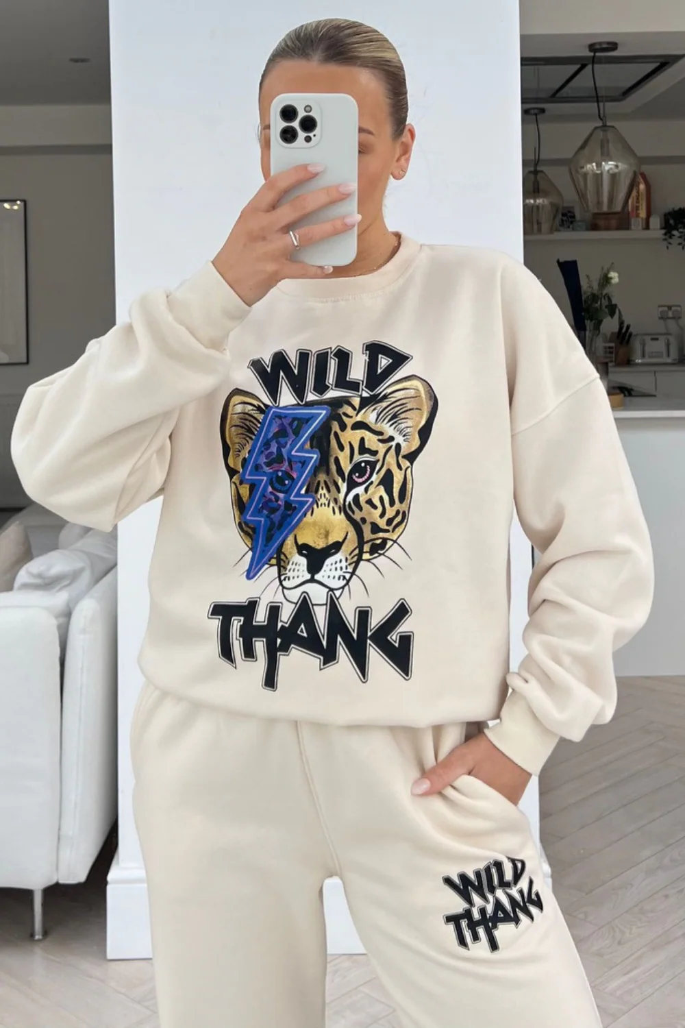 Wild thang ecru & blue printed sweater loungewear set - Image 2