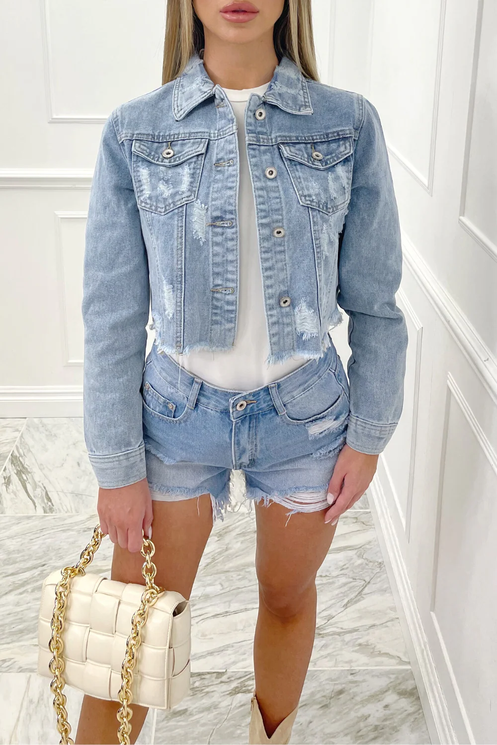 wild tiger light blue embroidered distressed denim jacket - Image 3