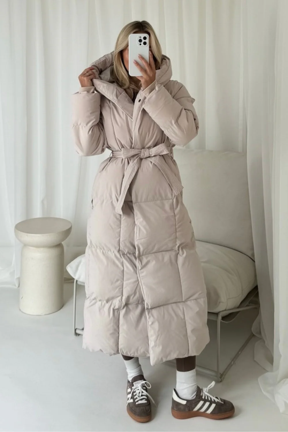 Willow beige long hooded puffer duvet coat