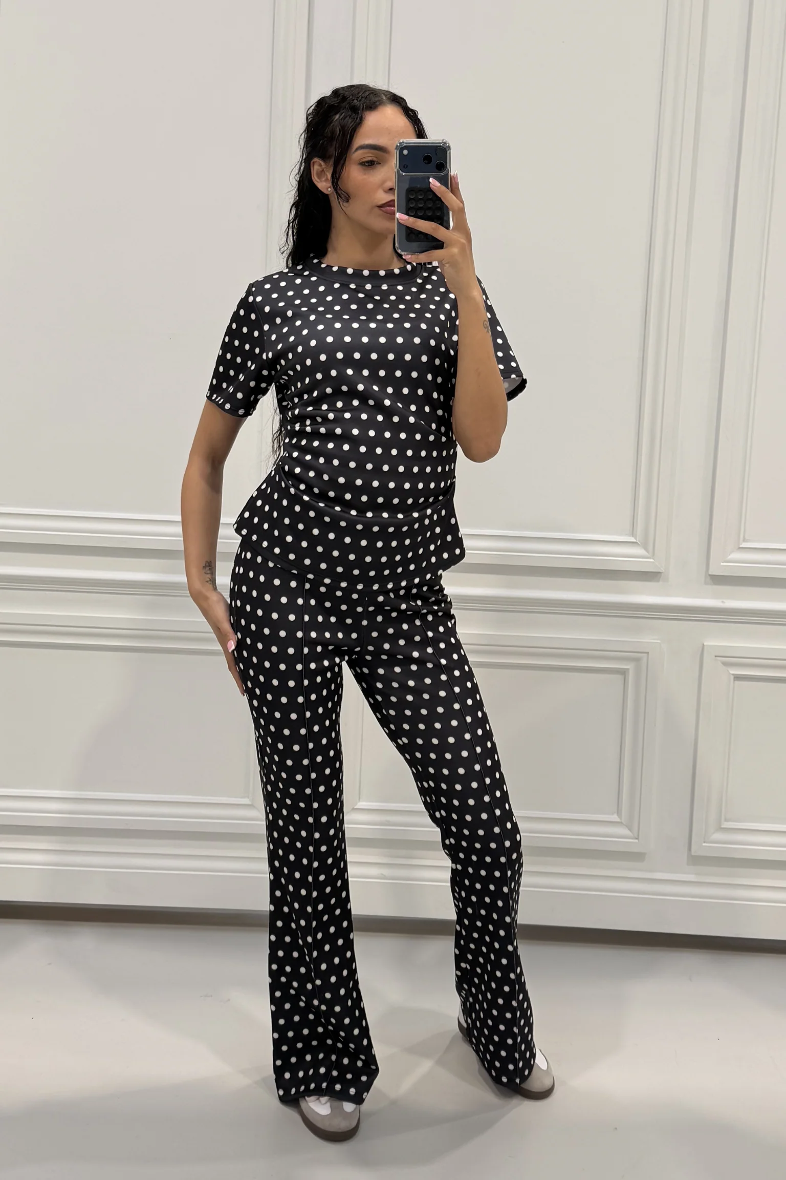 WINONA BLACK POLKA DOT RUCHED TSHIRT CO ORD TWO PIECE SET - Image 3