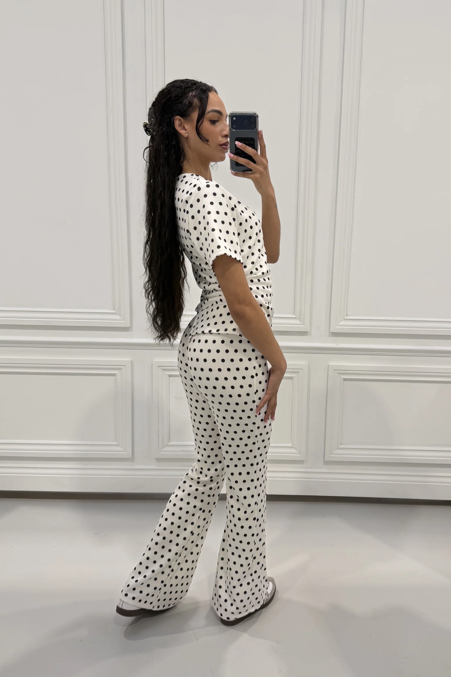 WINONA CREAM POLKA DOT RUCHED TSHIRT CO ORD TWO PIECE SET - Image 4