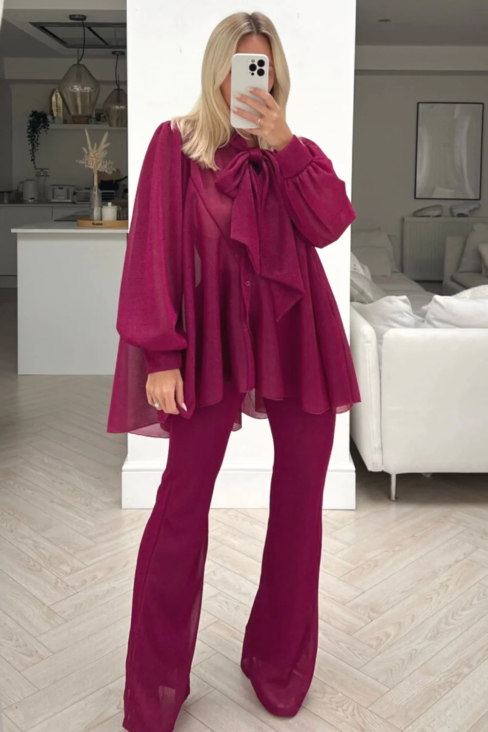 Wonder fuchsia bow tie shimmer trouser coord