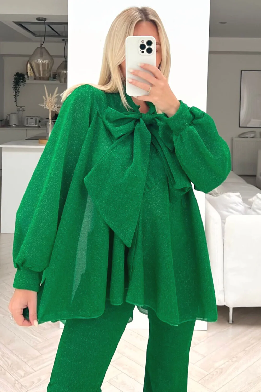 Wonder green bow tie shimmer trouser coord - Image 2