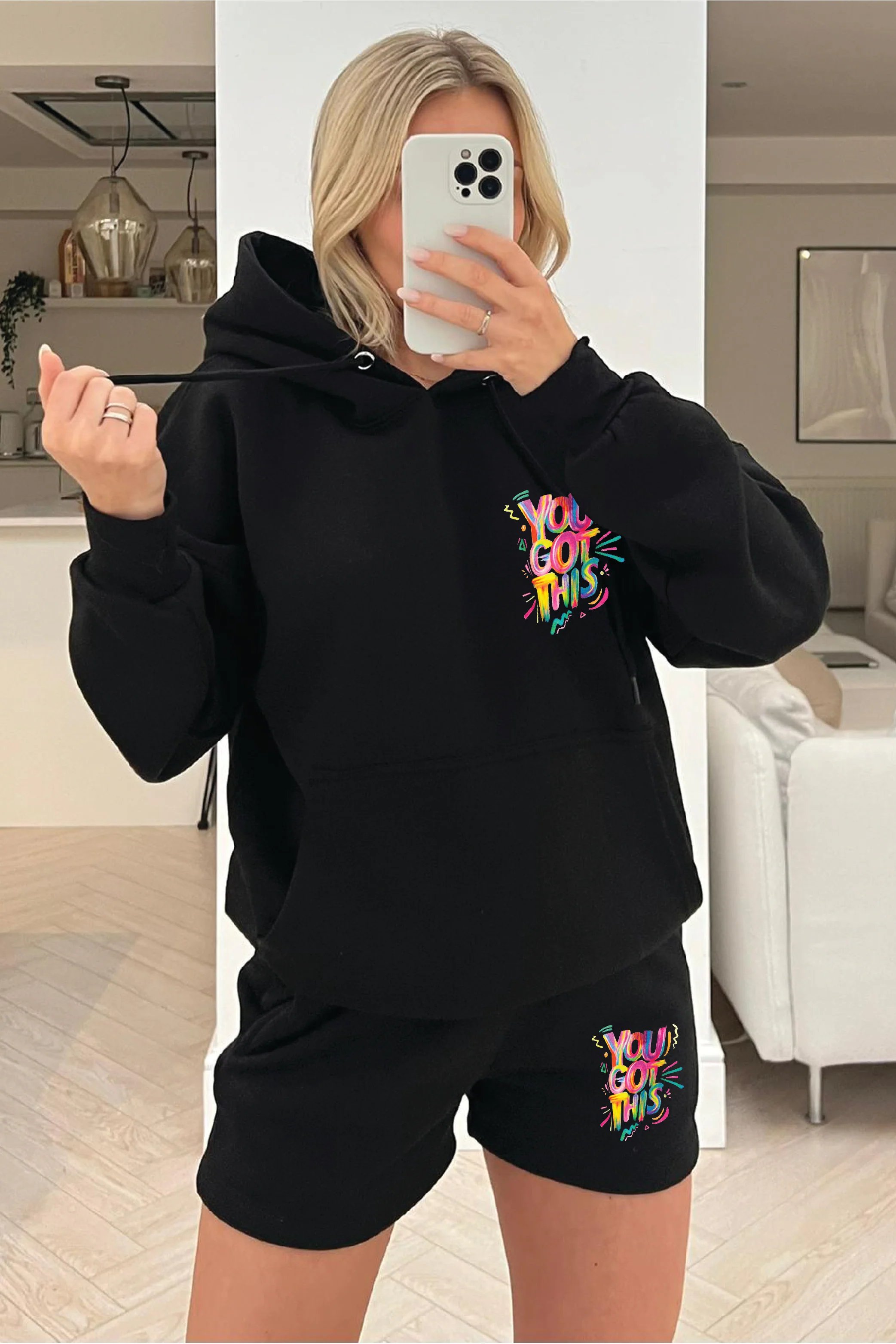You Got This black printed hoodie short loungewear set - Image 2