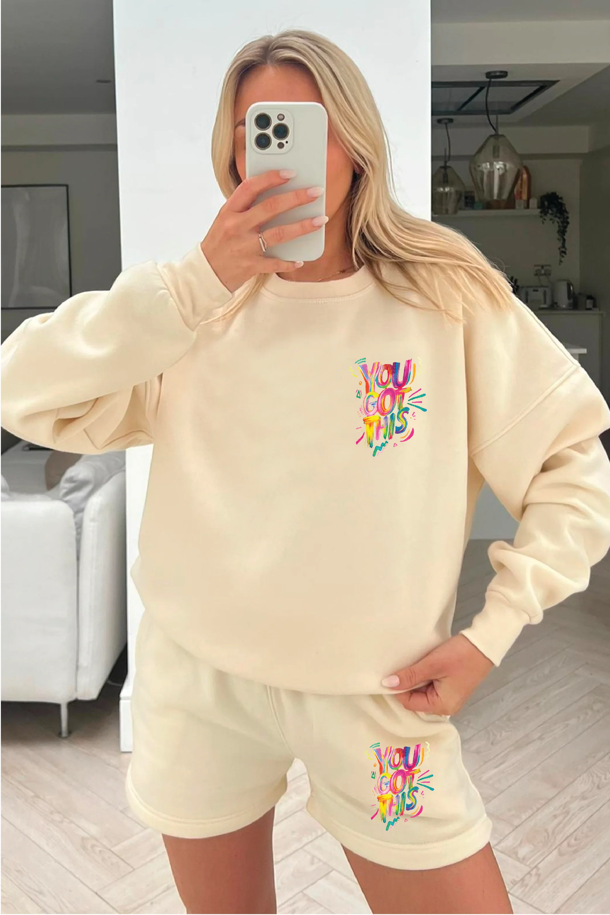You Got This ecru printed sweater short loungewear set