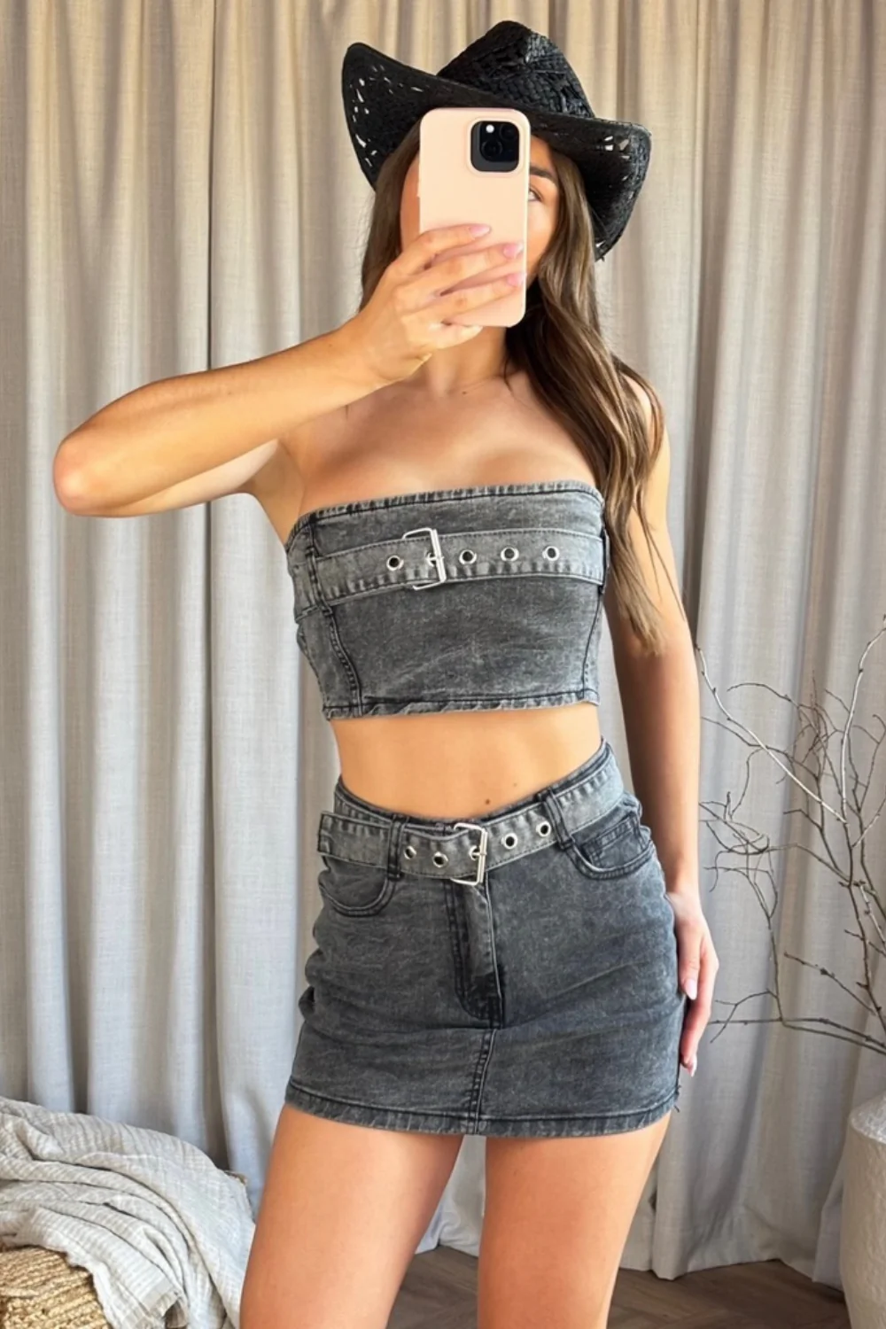 ZENDAYA GREY WASHED DENIM BUCKLE DETAIL CO ORD TWO PIECE SET - Image 2