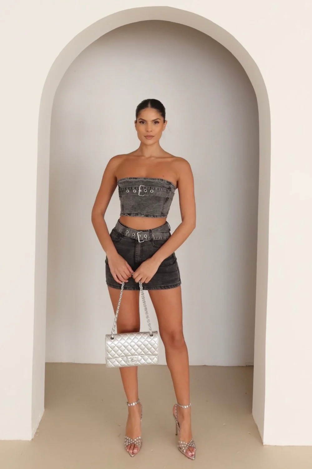 ZENDAYA GREY WASHED DENIM BUCKLE DETAIL CO ORD TWO PIECE SET - Image 3