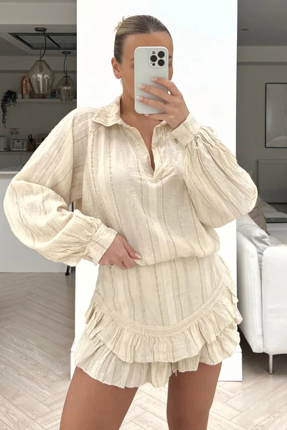 Zuri beige two piece frill short coord - Image 2